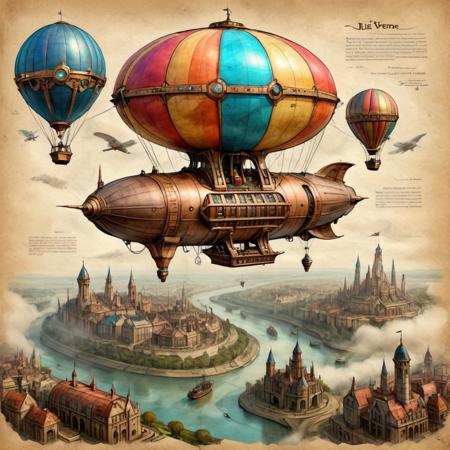 Jules Verne inspired flying sky city, masters of the air, Robur the conqueror, steampunk, giant airship, balloon, aerostat, on parchment, triadic colours