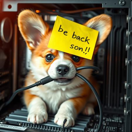 semirealistic, a cute corgi puppy with an unplugged computer cord in its mouth, inside a computer motherboard. THE message "be back soon" written on a yellow sticky note, detailed mirroring horizon, wining award digital art, hight detailed,Insane resolution. Insane details. Masterpiece. 32k resolution. casting shadow style, cucoloris patterned illumination, cinematic composition and lighting. Masterpiece. Very detailed.