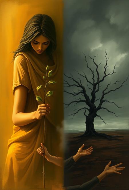 Emotional digital painting. Split canvas: left side shows a nurturing mother figure tending a young sapling in golden sunlight. Right side depicts a gnarled, lonely tree in a barren landscape under stormy skies. Connecting both sides: a faint, ghostly silhouette of outstretched hands. Muted color palette with contrasting warm and cool tones. Style: painterly, atmospheric, symbolic. Emphasis on texture and lighting to convey mood.