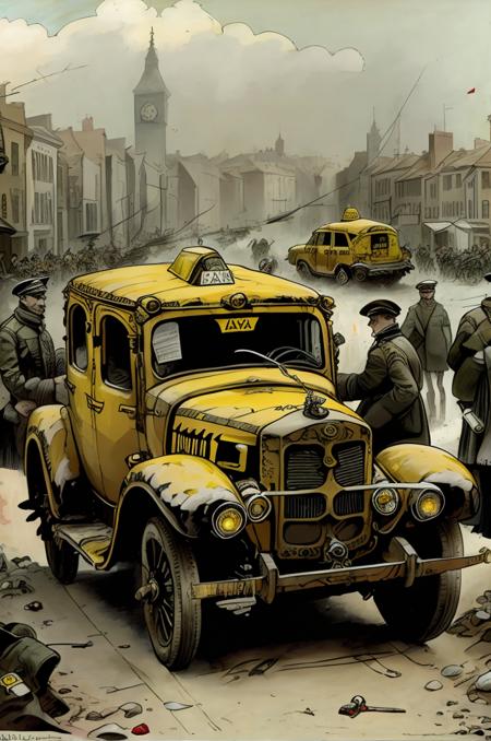 a yellow taxi during first world war <lora:vor_enki.v2.lora:0.75>