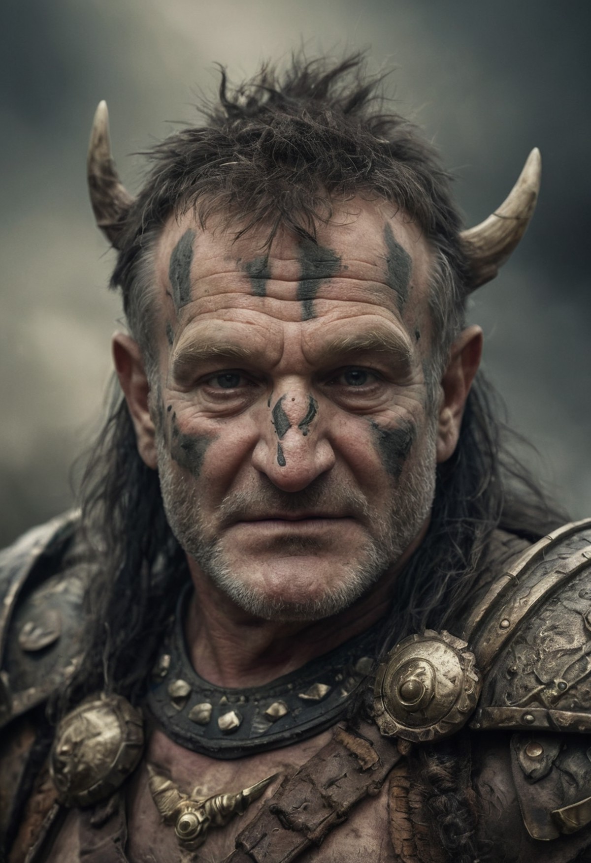 A striking photograph portraying Mork (Robin Williams) transformed into an orc warrior, blending whimsy with fantasy in th...