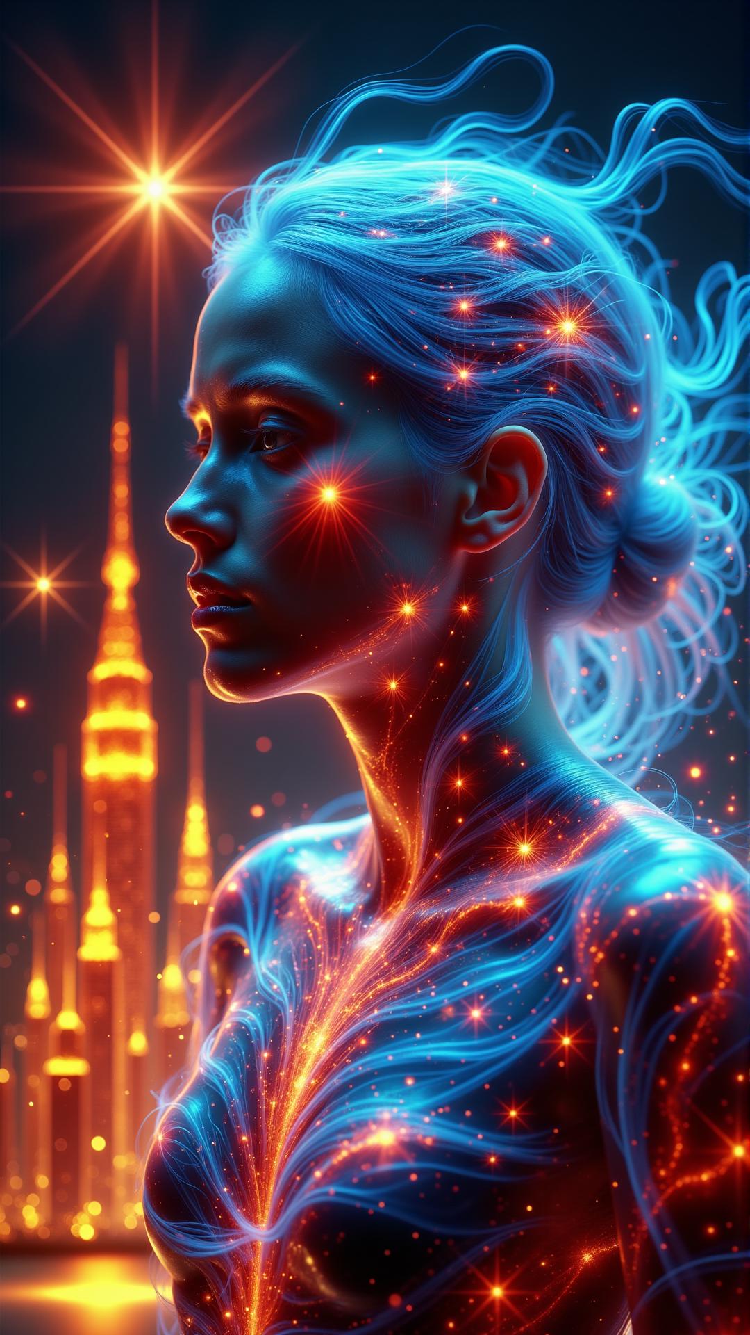 A close-up portrait of a woman with hair made of flowing, molten glass, each strand glowing softly with a range of vibrant colorsâfrom deep blues to fiery orangesâas it cascades down her back. Her skin is flawless, but it glows faintly, as if lit from within by some internal energy. Her eyes are crystalline, reflecting the light around her in intricate patterns. Behind her, the landscape is a surreal, dreamlike city made of glowing glass towers, their sharp edges catching the light from a distant, fiery sun. fully clothed no boobs  <lora:aura_v2_beta2:1>