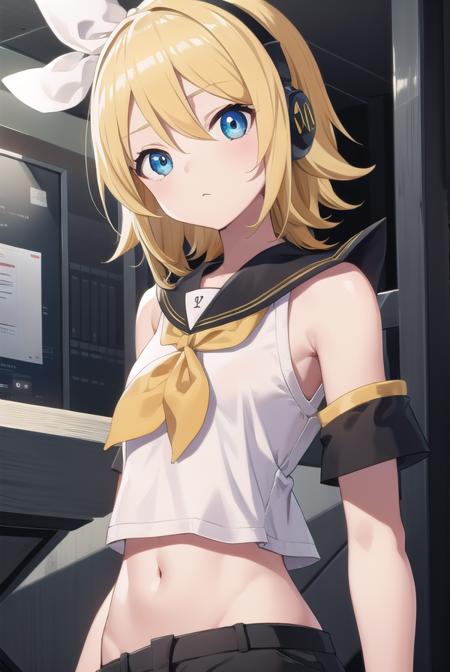 kagaminerin, <lora:rinkagaminetest:1>,
rin kagamine, blonde hair, blue eyes, hair bow, headset, short hair, headphones,
BREAK bare shoulders, belt, black sailor collar, black shorts, bow, crop top, detached sleeves, grey legwear, grey shorts, grey sleeves, hair bow, leg warmers, neckerchief, sailor collar, school uniform, shirt, short shorts, short sleeves, shorts, white bow, white footwear, white shirt, yellow neckerchief,
BREAK looking at viewer,
BREAK indoors, classroom,
BREAK <lora:GoodHands-vanilla:1>, (masterpiece:1.2), best quality, high resolution, unity 8k wallpaper, (illustration:0.8), (beautiful detailed eyes:1.6), extremely detailed face, perfect lighting, extremely detailed CG, (perfect hands, perfect anatomy),