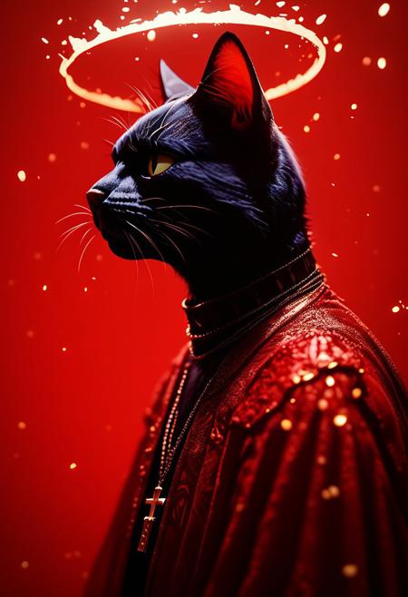 (score_9, score_8_up), score_7_up, (((cat))), simple background, jewelry, upper body, necklace, armor, from side, halo, cross, red background, robe, red theme,
, 
depth of field, blurry background, black background, dark, CINE, embers, 
 <lora:unholy-000009:0.75>   <lora:CINE-000008:0.5>
