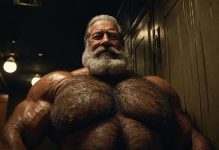 (photo, realistic, raw), (nighttime, at night, dark, dark hard shadows, cinematic atmosphere, movie grain, hazey atmosphere), closeup from below, (etherial, spiritual, emperor, king, god), old burly buff gentleman with beard, old manly mature man, steroid musclegod, combed back hair,  doublechin, old hairy tanned grandpa, wrinkly neck, hairy chest, proud big hairy chest, thick neck, hairy armpits, tanned skin, tight golden spandex, gold jewellery, gold necklace, in a dark locker room at night, nighttime, gentle loving smile, intimite situation, romantic atmosphere,