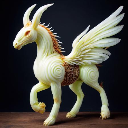 onionstyle<lora:onionstyle:1>, massive serpentine mycelium bohemian equine creature,  clawed appendages,  short-tailed, feathers,    icarus wings (enchanted wings made from wax and feathers),