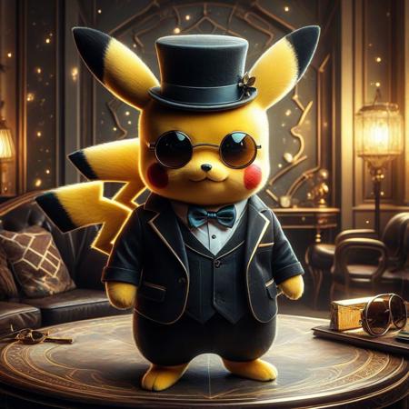 digital painting of a modern edge cute pikachu in suit and bowtie, top hat and cutting edge sunglasses,  entirely made of retro sophistication texture, whimsical and magical atmosphere, soft lighting, highly detailed and stylized, concept art for a vintage charm-themed universe