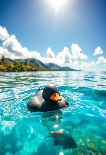A realistic black rubber bathtub duck bobs gently on the crystal-clear, turquoise waters near a Fijian shore. The midday sun blazes overhead, casting sharp reflections of palm trees and white sand beaches onto the sea’s surface. Tiny waves lap at the duck, revealing colorful coral and darting fish beneath. In the background, lush green hills rise against a sky dotted with fluffy cumulus clouds. The duck’s matte texture contrasts the glossy water, its small, painted eyes glinting in the sunlight, grounding the scene in vivid, tropical realism.