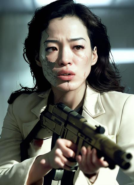 a realistic photo of broc-shuqi, (intense fire fight:1.2), (close up:1.5), brown lipstick, masterpiece, (pistols:1.2), (firing two guns:1.3),  textured skin, highly realistic skin, skin pores, white pant suit combo, (wind blown long hair:1.2), (pistols in hand,:1.3) set in, in a modern office hallway,  (dramatic lighting:1.4), (cinematic lighting:1.4), (style of a john woo movie:1.3)