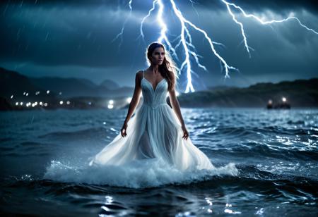 cinematic film still <lora:Abstract Concept-water-000004:0.4>,water concept art,water,standing_on_water, fantasy, waves, lightning, outdoors, humans, cloudy, background, scenery, sparkling aura,, intricate white dress . shallow depth of field, vignette, highly detailed, high budget, bokeh, cinemascope, moody, epic, gorgeous, film grain, grainy