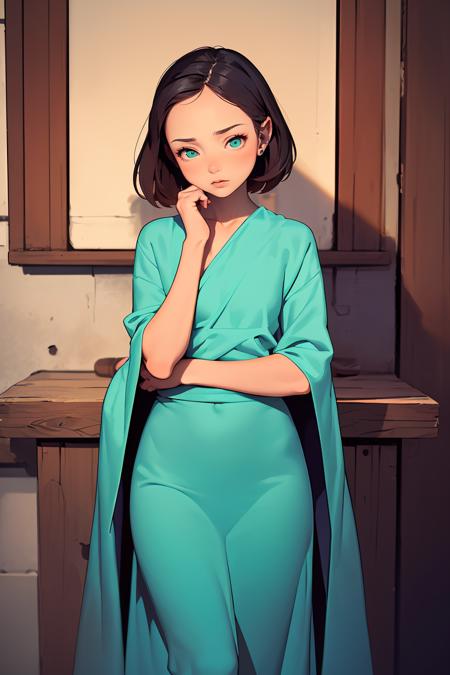 (masterpiece, best quality), 1girl,female Early twenties, Dainty, Russian, Turquoise eyes, Unusual Ears, Flat Nose, Square Chin,   Uneven Forehead,  Sculpted Quadriceps,  , Ruby Red Straight haircut hair, Gratitude wearing  Tiered maxi skirt, Georgette Flared sleeve top, , ,  and, Hands on the forehead, displaying fatigue or exhaustion