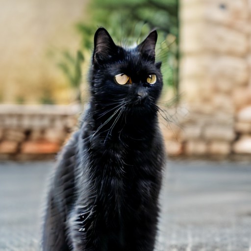 blurry background, photo background, black cat, outdoors, simple background, looking at viewer, whiskers, no humans, depth...