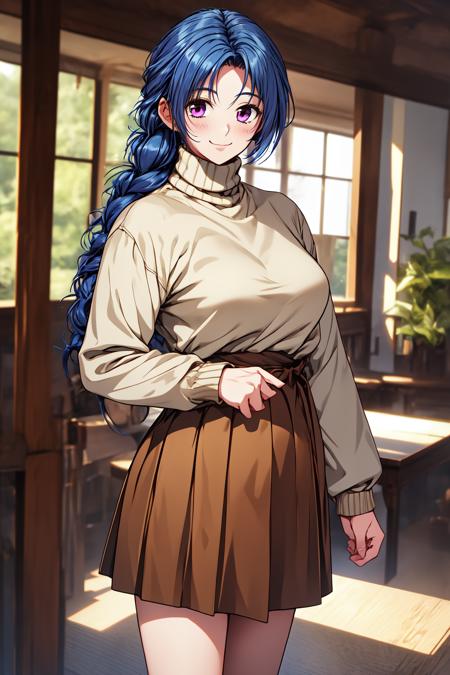 1girl, mansion, cowboy shot, standing, smile, looking at viewer, 
doukoku_kosuzu, purple eyes, blue hair, long hair, single braid, long sleeves, turtleneck, beige sweater, brown skirt, socks, <lora:doukoku_kosuzu_lora_ver1:0.7>, best quality, masterpiece, highres, <lora:GoodHands-vanilla:1>