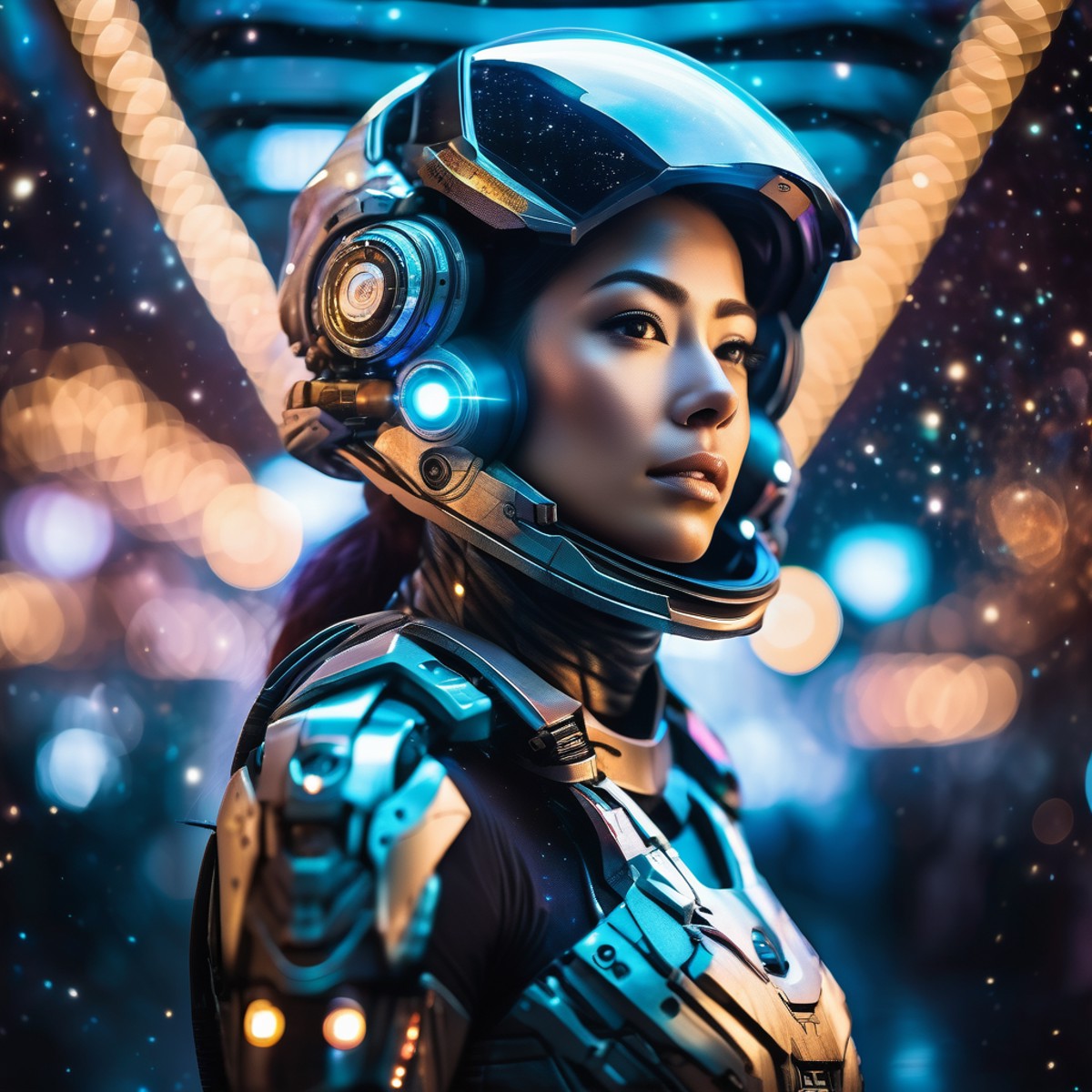 an award winning photograph of a beautiful woman, halo, intricate cyberpunk robot, highly detailed, soft bokeh Deep space ...