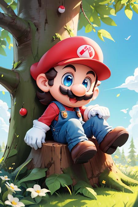 ((best quality)),((masterpiece)),(detailed),chibi,supermario,cartoon,wearing red shirt,blue overalls,white gloves,red hat,mustache,blue eyes,looking at viewer,smiling,happy,sitting on log stump,outside,forest,blue sky,<lora:SuperMario:0.7>, hdr,<lora:GoodHands-vanilla:1>,