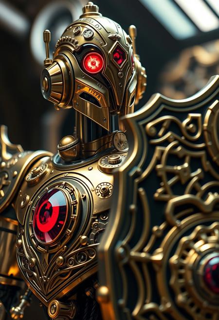smooth, sharp, UHD, extra details to see, close up on a ornate clockwork robot with a shield, his design is golden metallic colors intricate details and clockwork like gears, his shield has huge red gem in it that illuminates the dark room,