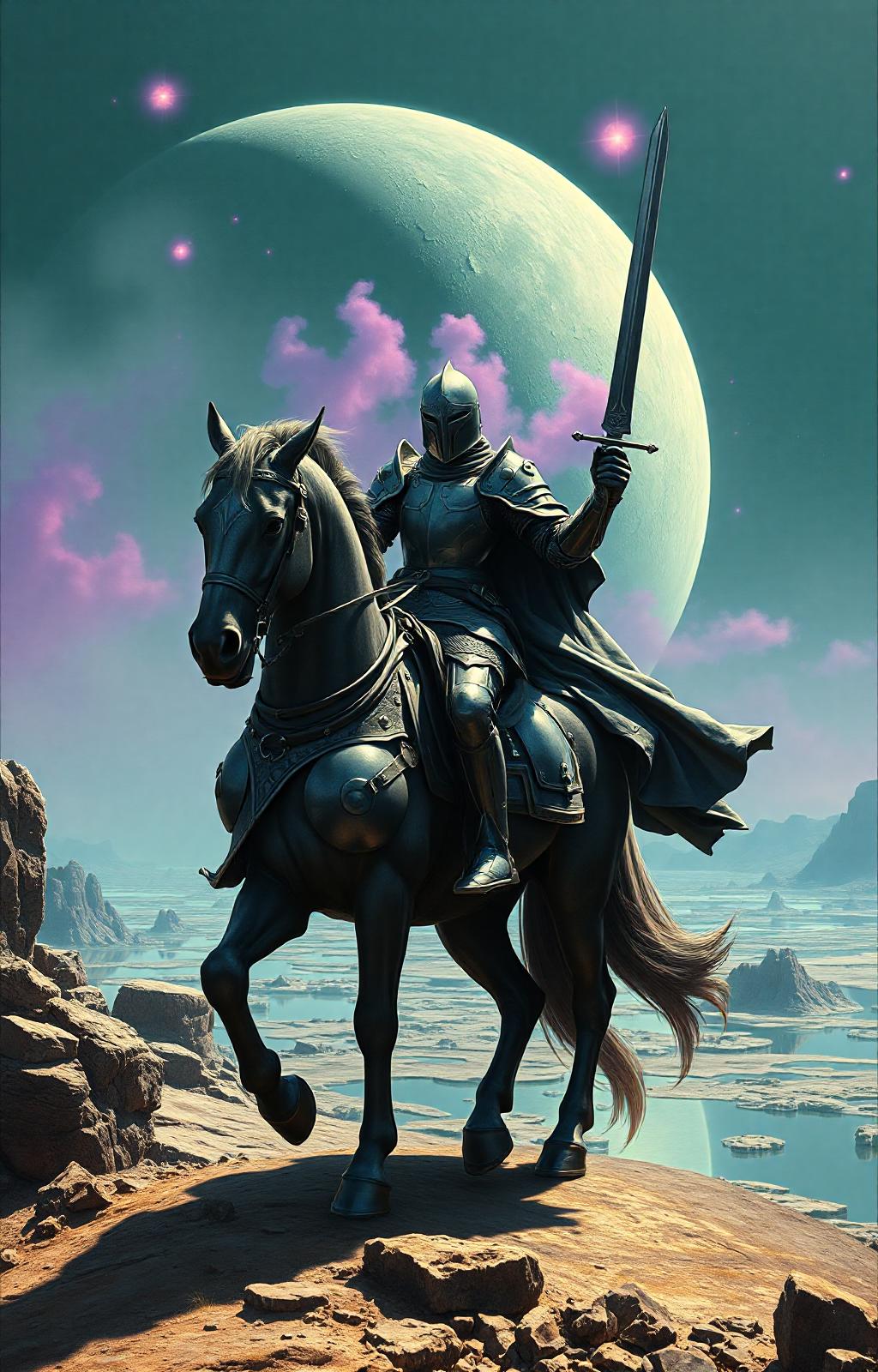 (a sci-fi masterpiece by Arnold Böcklin) scene with a knight on a war horse wearing dark composite armor consisting of human plate armor. The knight is dressed in full plate armor, the sword is raised. An alien planet in turquoise and green tones is depicted in the background. Purple and pink nebulae are visible. The horse and knight have high reflectivity, and the terrain below is rocky and desolate, with reservoirs reflecting the bright sky.