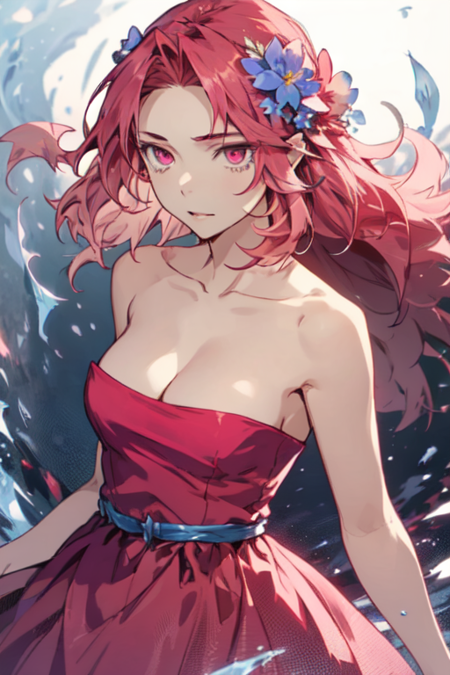 Dowon, 1girl, solo, long hair, hair ornament, strapless, red dress, cleavage, bare shoulders, medium breasts, collarbone, pink hair, hair flower, pink eyes, bare arms, 