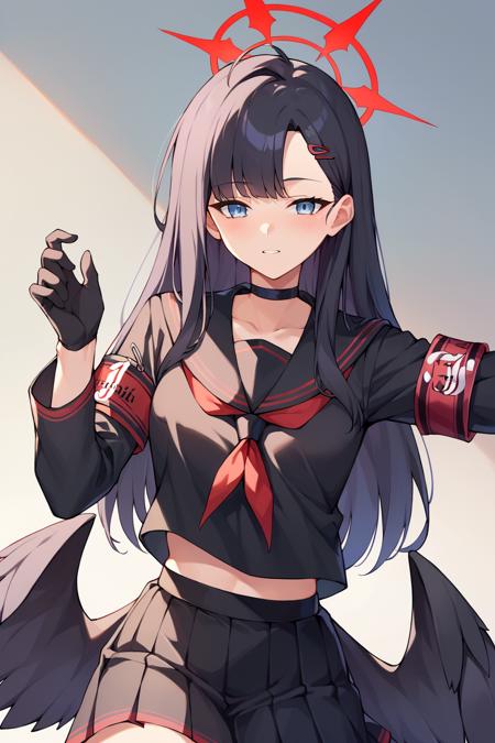 ichikadef, hairclip, halo, black serafuku, black sailor collar, red neckerchief, black shirt, black skirt, black gloves, black choker, armband, long sleeves, black wings