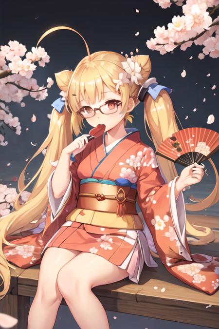 best quality, masterpiece, highres, solo, {eldridge_azurlane:1.15}, blonde_hair, hair_ornament, ahoge, long_hair, bangs, blush, twintails, facial_mark, red_eyes, very_long_hair, hairclip, breasts, small_breasts, 1girl, cherry_blossoms, folding_fan, glasses, gloves, hair_bun, hand_fan, japanese_clothes, kimono, looking_at_viewer, single_hair_bun, bow, flower, hair_flower, hair_bow, holding