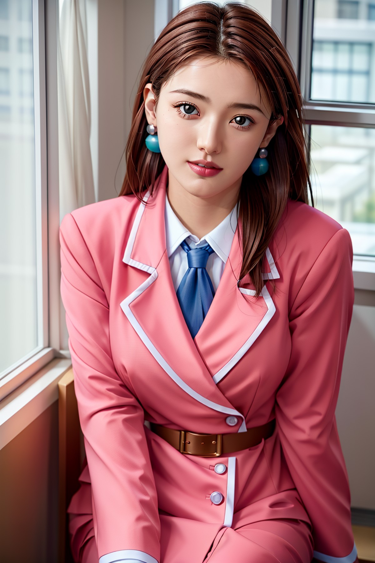 (day),school,classroom, windows,
dynamic pose, standing at attention,
pink pencil skirt, pink jacket,collared shirt, white...