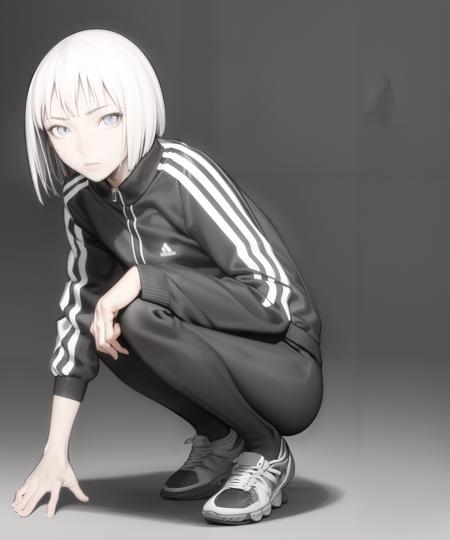 <lora:Claymore-NAI-LyCORIS-512px:0.85>
1girl, solo, squatting, wearing track\_suit, short white hair, blue eyes, simple background