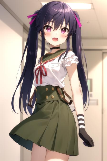 masterpiece, best quality, blush, 1girl, cowboy shot, solo, ebikurumi, long hair, twintails, open mouth, fang, purple eyes, purple hair, knee pads, school uniform, serafuku, green skirt, pleated skirt, striped gloves, black choker, suspenders, hair ribbon, smile, indoors, school hallway, looking at viewer, depth of field, <lora:kurumin_v02_READY-10:1>