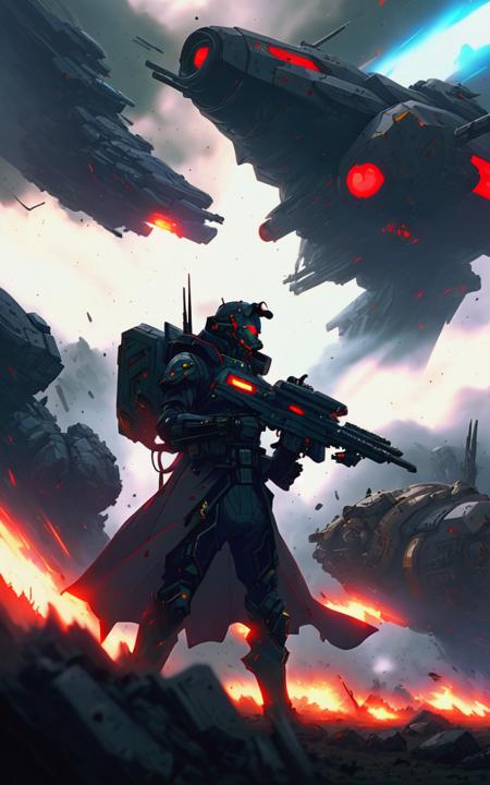 (1990's dark sci-fi anime style)++ lone caped elite guardsman (aiming)+ a disruptor rifle in battle, epic composition, action scene, full body, war in distant background, smoke, wind