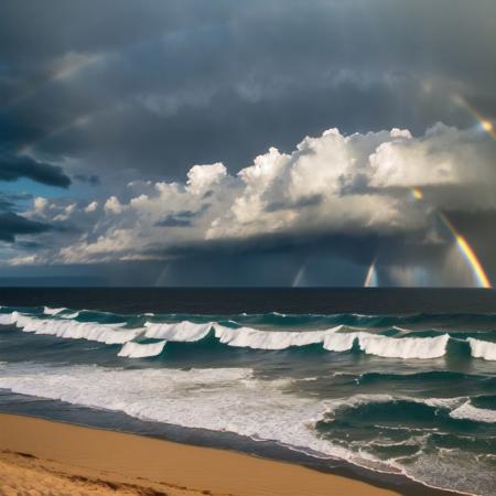 <lora:cumulonimbus_ofn:0.7>, cumulonimbus, clouds, 

noon, rainbow, rain, summer day, beach, ocean waves, sand