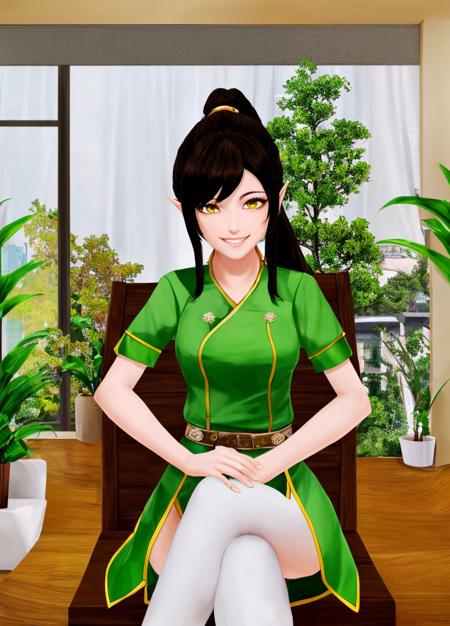 (( masterpiece, high quality, )) Harem_Hotel_Lin, 1girl, solo, long hair, black hair, medium breasts, yellow eyes, ponytail, pointy ears, sexy Paddy O'Green costume, living room, Tree, Paddy O'Green ornaments, (smile,  happy, cheerful, detailed face) , <lora:Harem_Hotel_Lin-11:0.6>, (sitting, crossing legs)