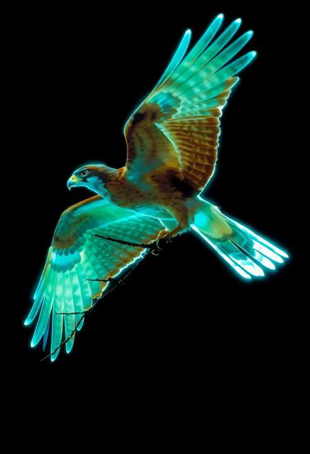 JNANX,luminous white silhouette,cyan glow,emerald highlights,flickering outline,dreamlike movement,rippling colors,drifting embers,infinite black background,psychedelic colors,ethereal,futuristic surrealism,gw,glowing,night,night sky,trippy,
A medium-sized bird of prey with brown and tan plumage, broad wings, and a hooked beak is flying in a clear blue sky while carrying a long, thin branch in its talons.