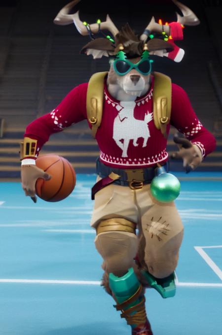 A high quality unreal engine render of a close up portrait of anthro reindeer Fortnite_Dolph, novelty glasses, Christmas Sweater, Belt, Christmas Stocking, Christmas Lights, Candycane, Pistol Holster, Christmas Ball Ornament, Khaki Pants, Shin Guards, Boots, three fingered hands, (exterior, basketball court), (running towards the camera, shooting a basketball), (detailed fur:1.2), CG, Octane Render, 8k uhd, soft lighting, high quality, ambient occlusion, <lora:Fortnite_Dolph_v3.3:1>