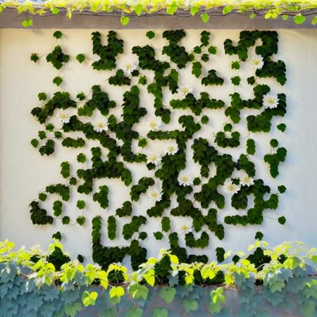 masterpiece, best quality, 4k, branches, (small white flower:1.3), (vines:1.3), (a lush green vines covered wall:1.2), (deep green:1.2), outdoor