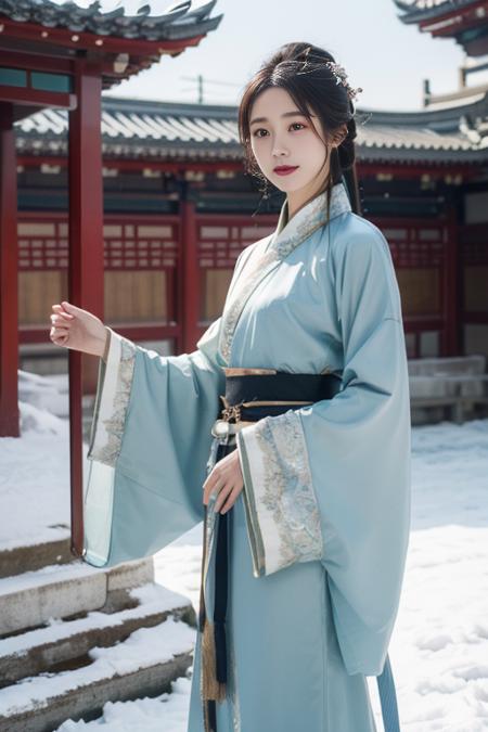 ltra-detailed,highly detailed,best quality,masterpiece,illustration,realistic,photorealistic,
1girl, solo, 
hanfu-quju, hanfu, chinese clothes, chinese traditional clothes, long sleeves, wide sleeves, sash, 
looking at viewer, cowboy shot, ceremony, 
outdoors, photo background, east asian architecture, blue sky, wind, snow, winter, 
 <lora:hanfu quju_v1_01:0.6>