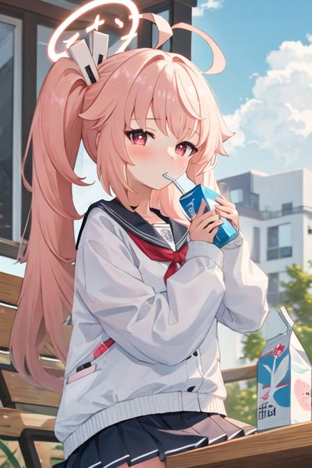 best quality, masterpiece, highres, solo, {natsu_bluearchive:1.15}, pink_hair, long_hair, side_ponytail, halo, red_eyes, ahoge, blush, bangs, serafuku, hair_ornament, 1girl, drinking_straw, jacket, juice_box, looking_at_viewer, multicolored_jacket, two-tone_jacket, holding, long_sleeves, milk_carton, sky, track_jacket, cloud, drinking