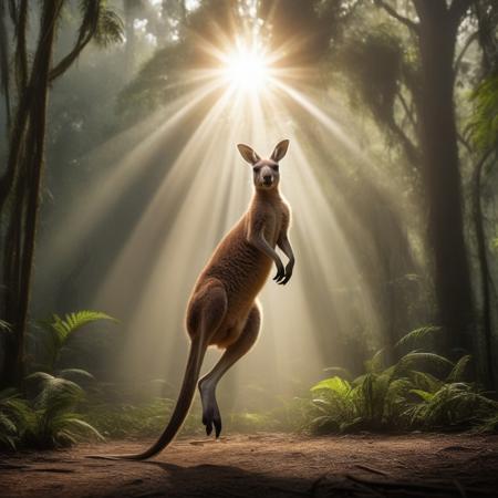 Kangaroo jumping in the rainforest, sun halo background, very realistic photography