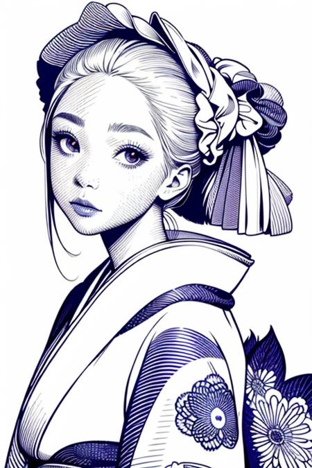 masterpiece, ballpoint pen drawing, a drawing 1girl, ((upper body)), pale skin, pure white background,  long eyelashes, yokozuwari, (kimono:1.3),  look at viewer, face front, (hair scrunchie:1.2) <lora:ballpointpen:0.9>