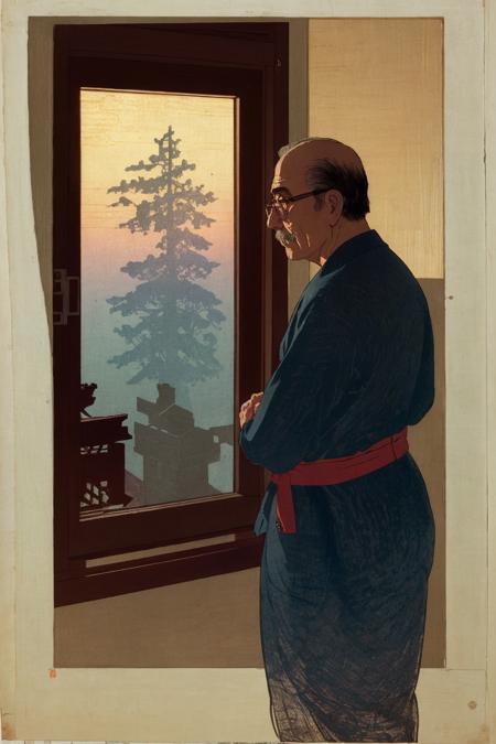 medium shot of an older man with glasses in silhouette looking out the window at dusk, cinematic lighting, woodblock print, shin hanga style, <lora:Shin_Hanga_sd1.5_v0.19CAPKalpha-000009:0.9>