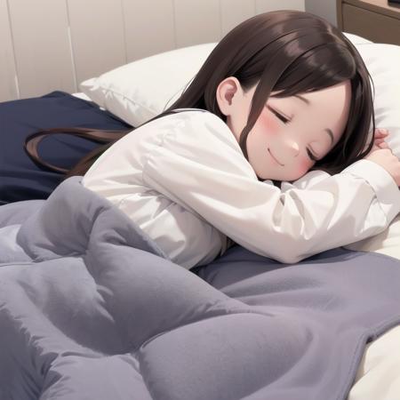 best quality, ultra-detailed, illustration, smile, 1girl, solo,
futon, brown hair, closed eyes, shirt, white shirt, sleeping, lying, pillow, on side, long sleeves, long hair, blanket, closed mouth, 
 <lora:goodsleep_SD15_V3_DIM4:0.6>