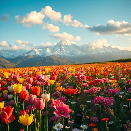 A breathtaking field of beautiful, vibrant flowers in full bloom — tulips, roses, daisies, and wildflowers of every color — gently swaying in the breeze. In the background, majestic snow-capped mountains rise under a bright blue sky with soft, fluffy clouds. The lighting is golden hour, casting a warm glow over the landscape. Ultra-realistic, high detail, vivid colors, 8k resolution, cinematic composition.