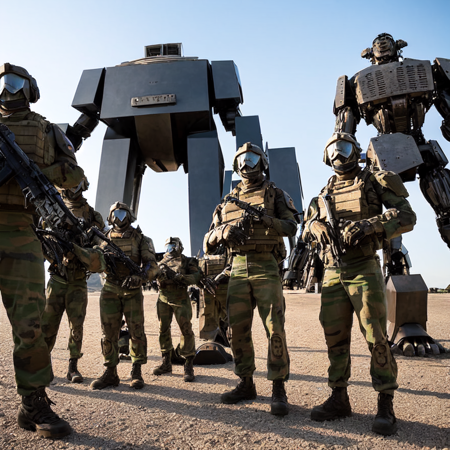 a group of soldiers standing next to each othera giant robot