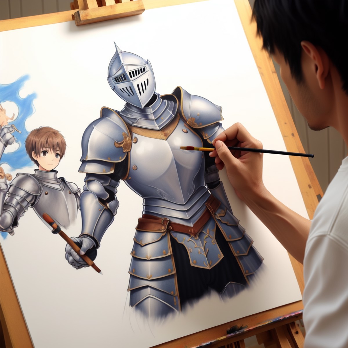 <lora:artist_hands_v2:0.7>, detailed armored knight shaped illustration, holding paintbrush, painting (action), art brush,...