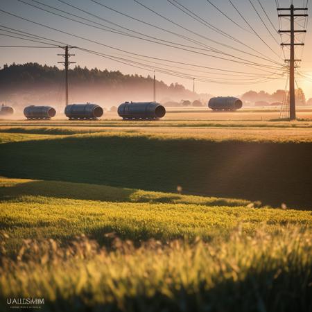 rolling fields with two huge crashed spaceships that are rusting in the foreground are Swedish houses, wires, cables, scrap, gomi, rust, elegant, intricate, highly detailed, digital painting, artstation, concept art, matte, sharp focus, illustration, Simon Stålenhag, incredibly detailed background,subsurface scattering, particle effects, depth of field, natural light, (bloom:0.6), raytracing, intricate, elegant, hdr, Photographed on a Canon EOS R5, 135mm wide angle lens, sharp focus, smooth, HDR, cinematic film still