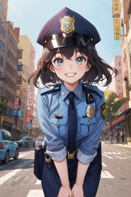 masterpiece,best quality,1girl,cop,smile,city