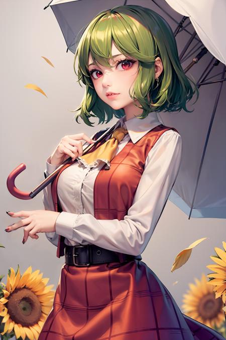 masterpiece, best quality, <lora:kazami:1>,1girl,green hair,umbrella, hair flower,sunflower, grey background,