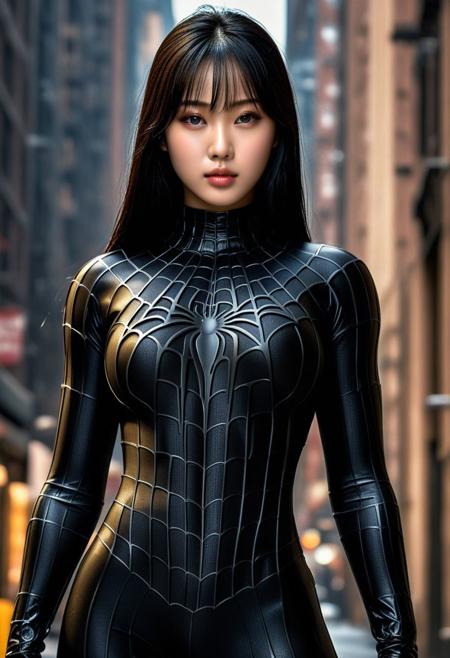 score_9, score_8_up, score_7_up, best quality, realistic, masterpiece, beautiful detail, hyperrealistic, woman ((1girl, woman body, big breasts)), amazing detailed full body portrait of a beautiful ulzzang girl, wearing a realistic and highly detailed black raimi spider-man suit, ((huge muscular girl)), professional model wears ultra - detailed black raimi spider - man suit, ultra - detailed and grained black raimi spiderman suit, suit covered entire body and hand, black spiderman gloves, wet, (standing ellegant), (full body), (dirty skin), close up, octane render, highly detailed, volumetric, dramatic lighting, (highest quality:1.1), (HDR:1.3), (top quality, best quality), realistic, high definition,