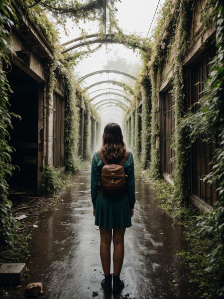 RAW photo, young european girl standing (back to  the viewer) in front of a (desolated, moos overgrown winery)) in ((perturbing apocalyptic overgrown city)), plant covered crumbling houses, overgrown traffic lights, destroyed cars full of plants, and a ghostly apparition haunting a abandoned house  ((night light, storm, rain)), (high detailed skin:1.2), 8k uhd, dslr, soft lighting, high quality, film grain, Fujifilm XT3