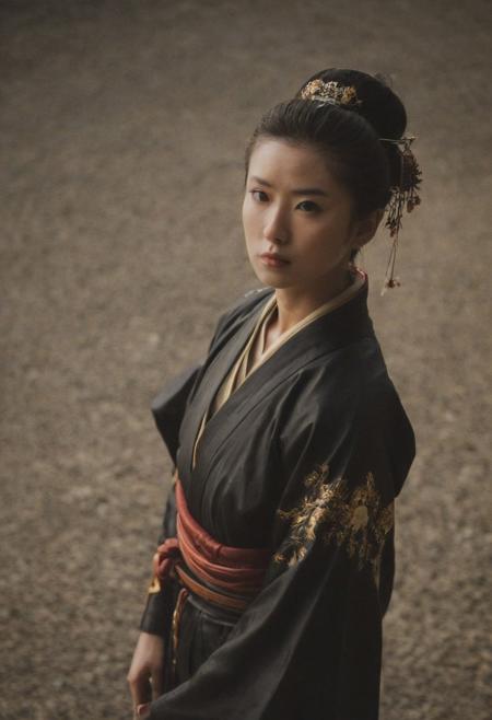 medium shot of japanese samurai geisha, beautiful , looking up, leather armour, silk robe, soft lighting, film grain, from above, upper body, epiCPhoto, BadDream,mad-lgthng,lightning