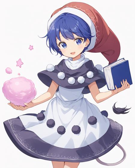 doremy sweet,1girl, solo, pom_pom_\(clothes\), simple_background, white_background, red_headwear, white_dress, open_mouth, nightcap, tapir_tail, holding_book, looking_at_viewer, open_book, black_capelet, standing, multicolored_dress, cowboy_shot, :d, dream_soul
<lora:doremy_sweet_image2053_2023-12-20-000010:1>,star-shaped_pupils,symbol-shaped_pupils,. gorgeous,key visual, vibrant, studio anime,award-winning, professional, highly detailed,high budget, cinemascope