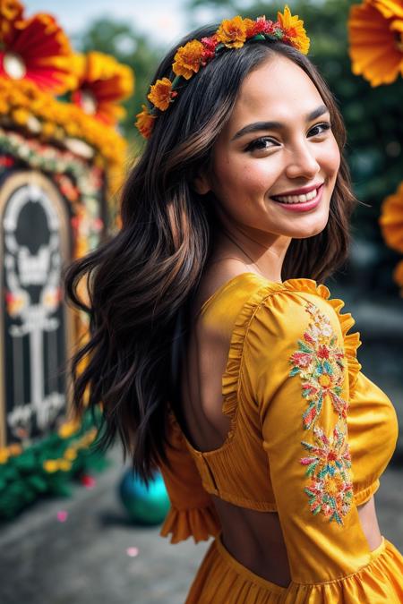 GalG_SoloTI_v1,
(In a vibrant, traditional Mexican outfit with colorful embroidery and a warm smile, exuding cultural pride and familial love), (Amidst the magical Land of the Dead, where glowing marigold petals and lively skeletons create a symphony of music and celebration, a sense of adventure and ancestral connection fills the festive air:1.3), (joyful:1.3), (rich, vivid colors, enchanting setting, musical atmosphere, celebratory shot:1.3),
<lora:add_detail:0.6> epiCPhoto, PA7_Portrait-MCU,